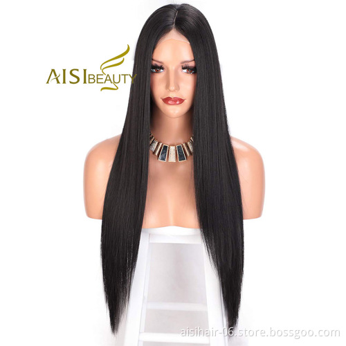Aisi Beauty High Quality Vendor Cheap Long Straight Natural Black Wig Swiss Lace Synthetic Hair For Black Women Lace Front Wig